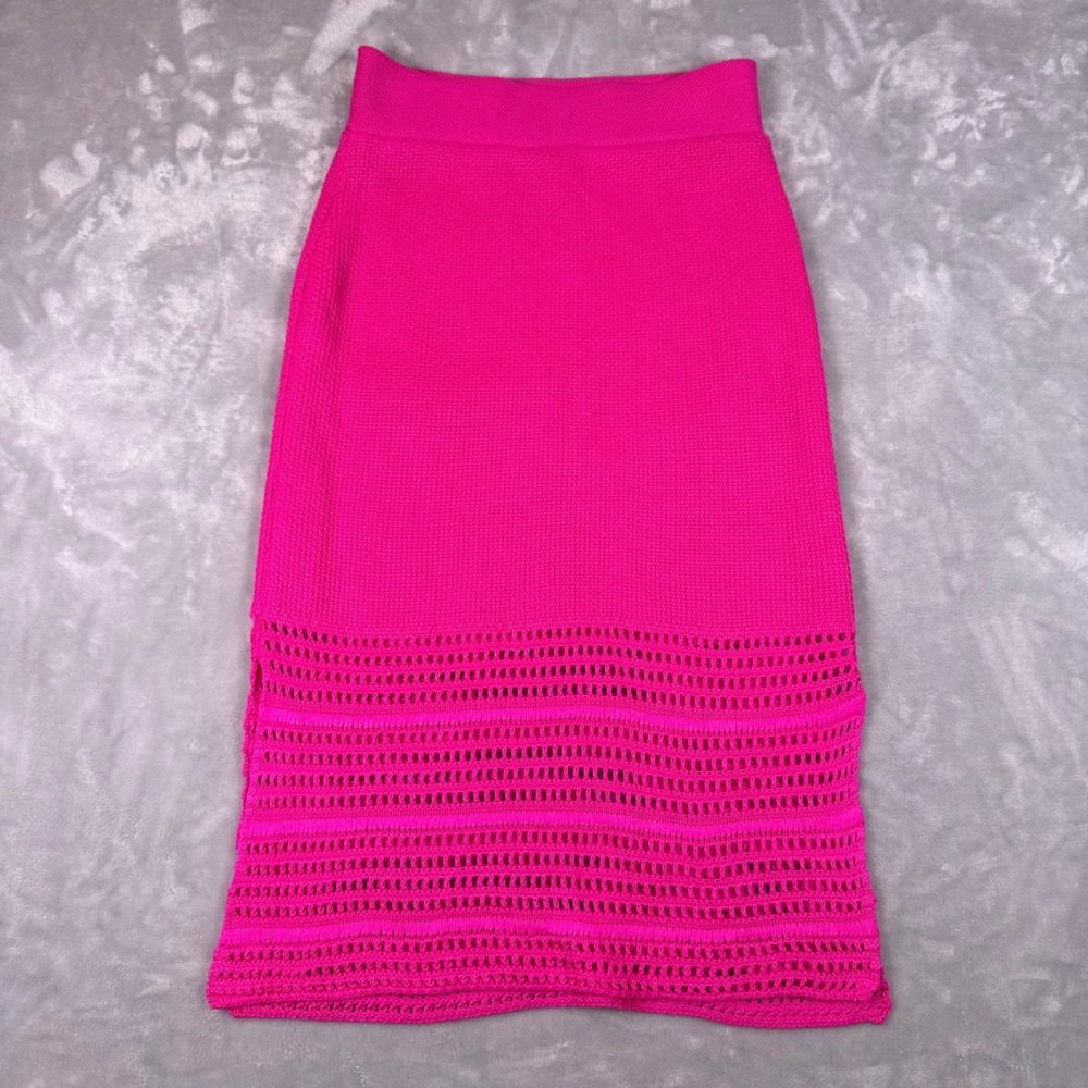 AQUA Crochet Knit Midi Skirt Womens‎ Size Large Hot Pink Elastic Waist Solid